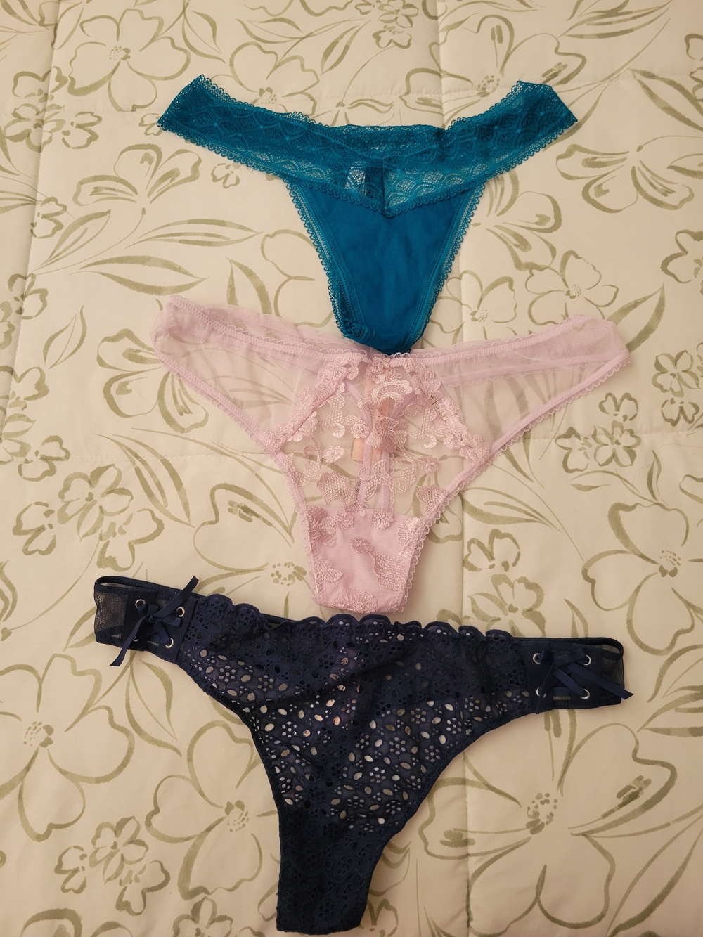 Victoria's Secret Lace & Mesh Thong Trio in Teal, Light Pink & Navy